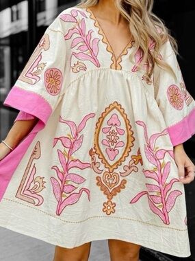 Sunday Embroidered V-Neck Tunic Dress - Pink & Cream